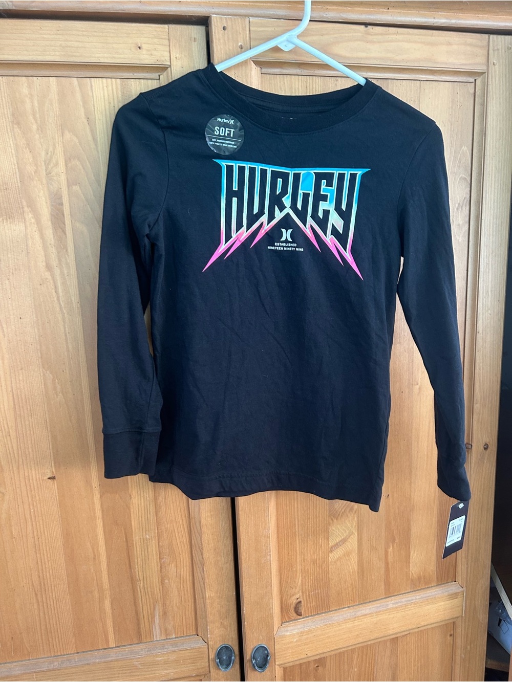 Hurley Black Long-Sleeve Tee with Teal and Pink Graphic